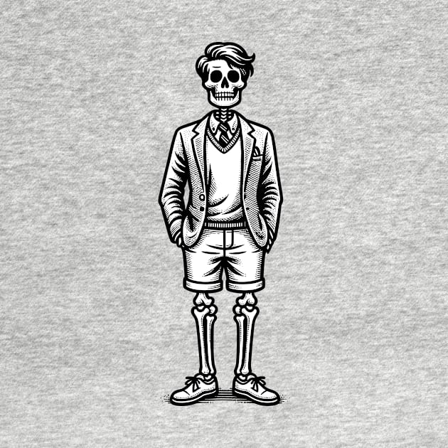 Preppy Skeleton - Black and White Line Drawing by Quirk Print Studios 